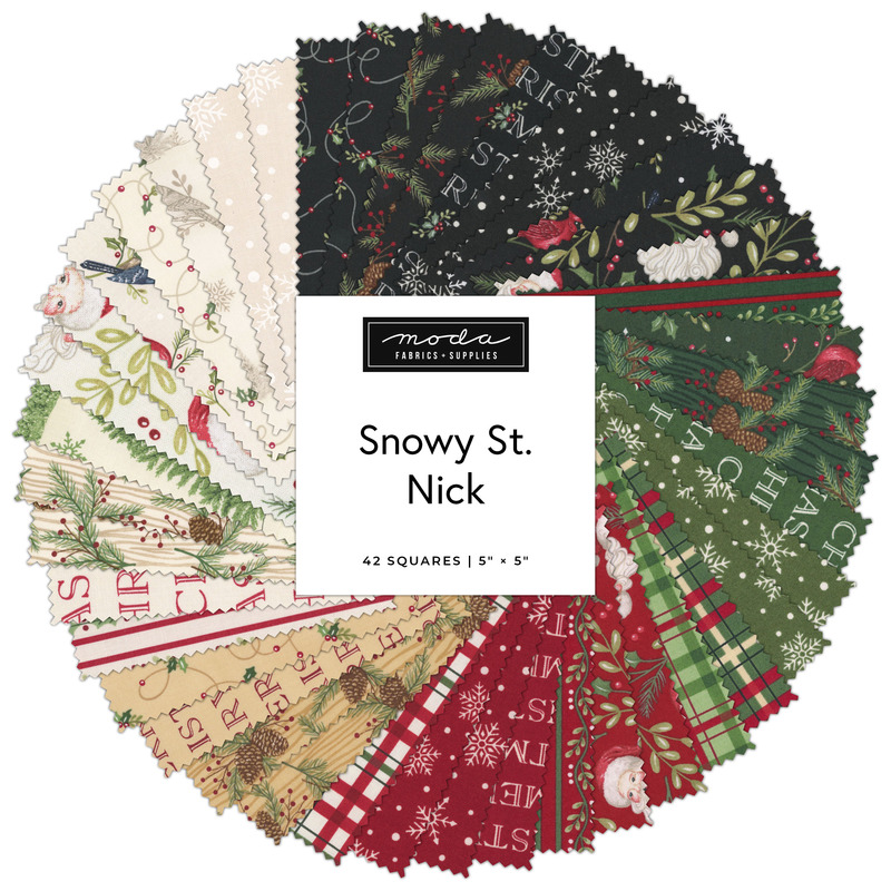 Digital collage of Christmas and Santa fabrics in the Charm Pack Bundle from the Snowy St. Nick fabric collection.