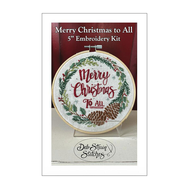 Front cover of the Merry Christmas to All embroidery kit with the finished Christmas botanical design finished in a 5" hoop frame.