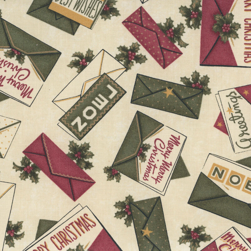 festive Christmas envelopes and holiday cards accented with holly sprigs on a mottled beige background.