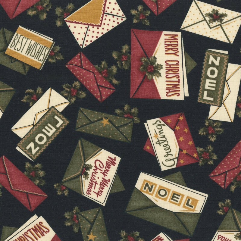 festive Christmas envelopes and holiday cards accented with holly sprigs on a deep black background.
