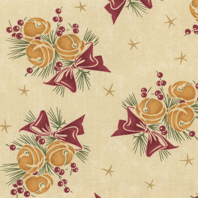 clusters of golden jingle bells tied with cream bows and accented with evergreen sprigs and berries, scattered with tiny gold stars on a mottled sand background.