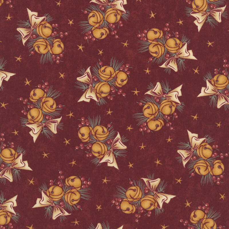 clusters of golden jingle bells tied with cream bows and accented with evergreen sprigs and berries, scattered with tiny gold stars on a rich burgundy red background.