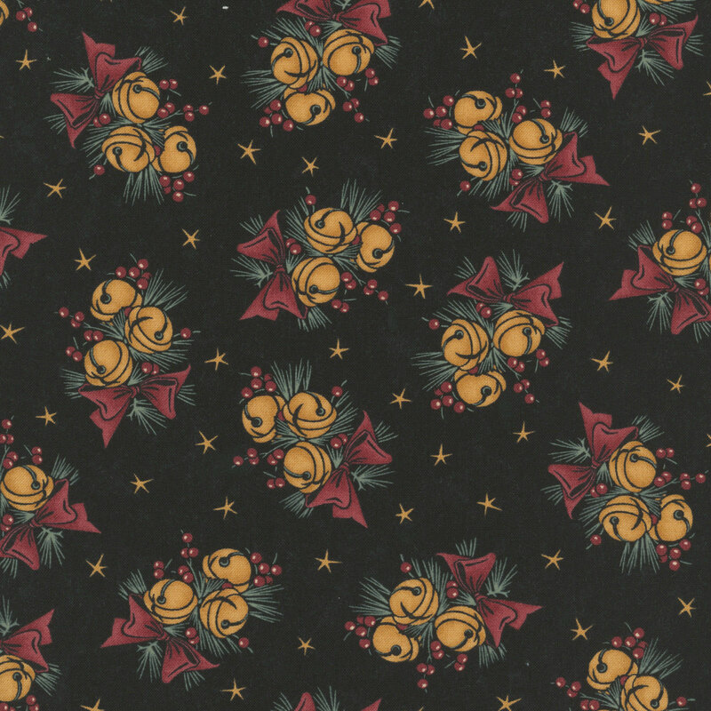 clusters of golden jingle bells tied with red bows and accented with evergreen sprigs and berries, scattered with tiny gold stars on a black background.