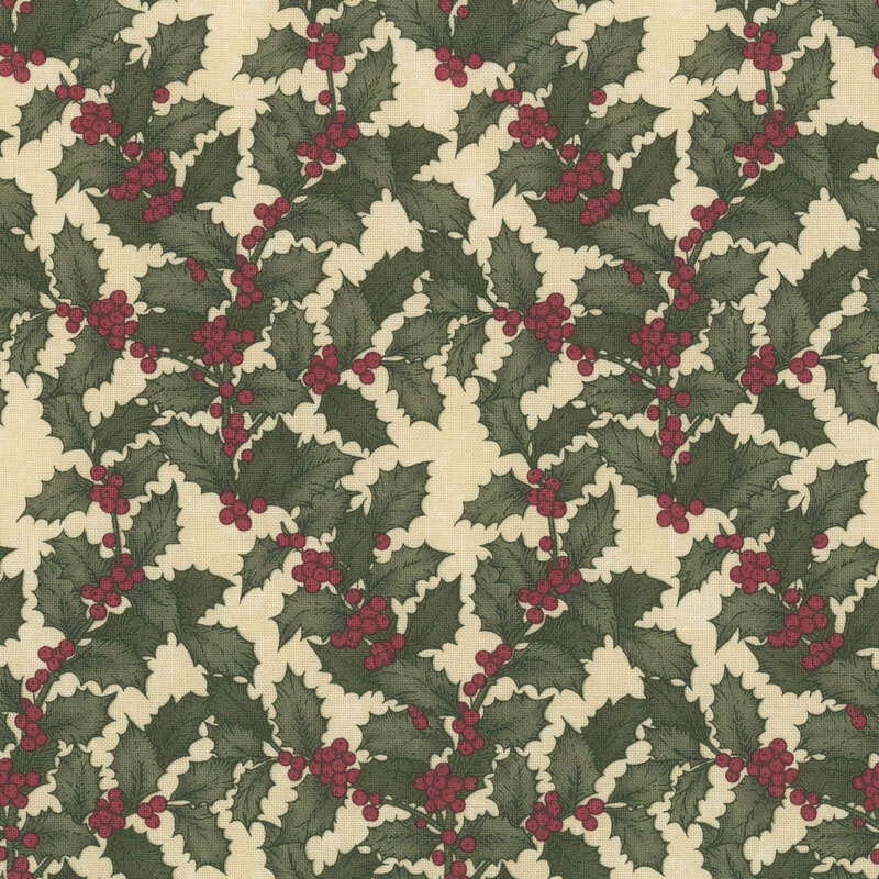 holly leaves with red berries scattered on a cream background.