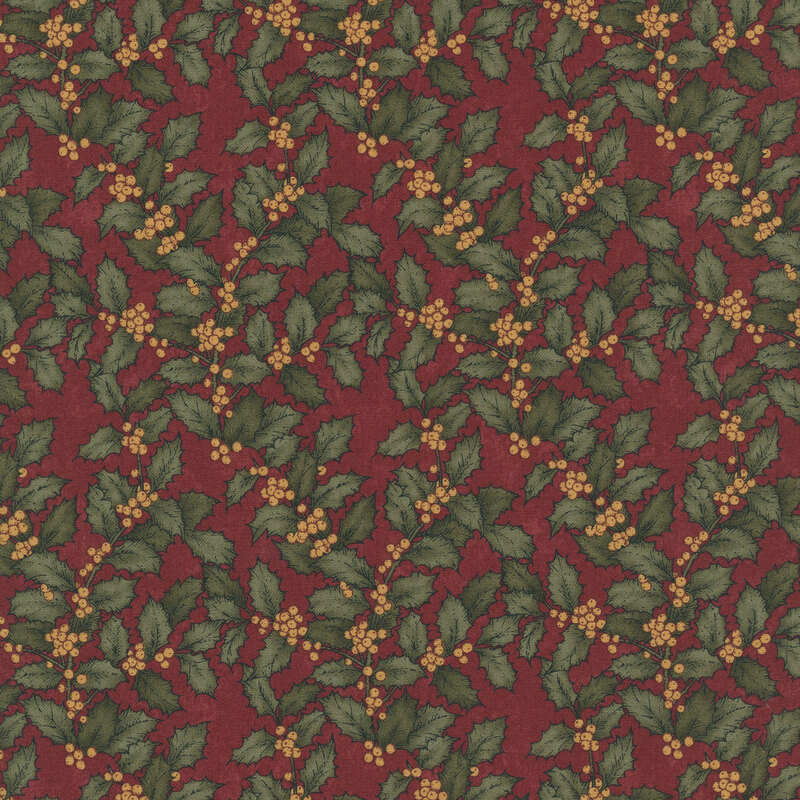 holly leaves with golden berries scattered on a deep red background.