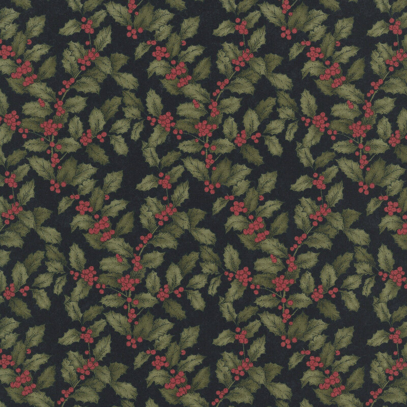 holly leaves with red berries scattered on a black background.