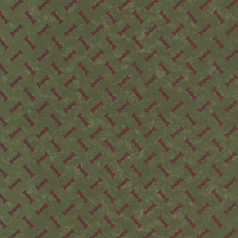 red bow motifs tossed on a mottled dark olive background.