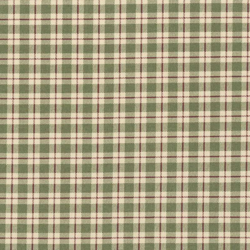 olive and cream plaid print with red accents.