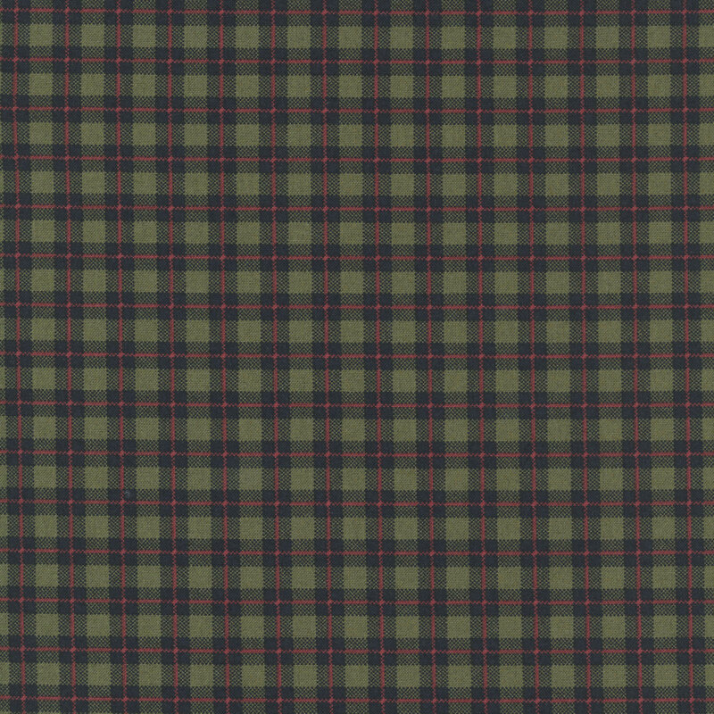 olive and black plaid print with red accents.