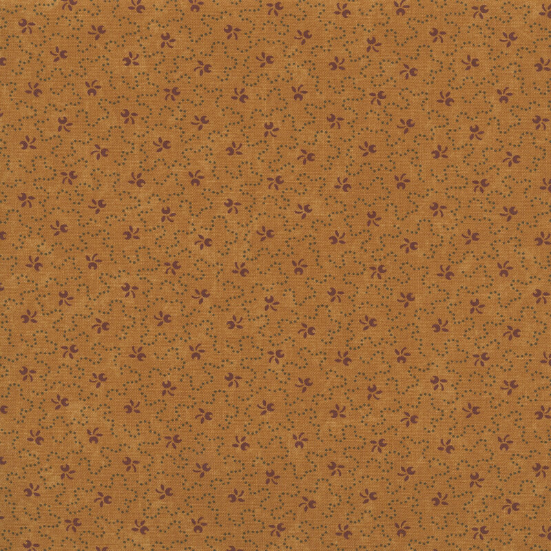 stylized red sprig motifs accented by wavy dotted lines on a dark gold background.