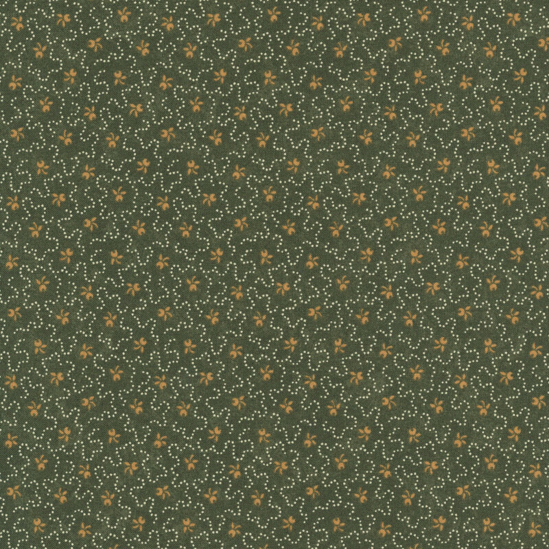 stylized ocher sprig motifs accented by wavy dotted lines on a mottled dark olive background.