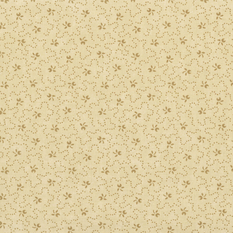 stylized tonal sprig motifs accented by wavy dotted lines on a sand background.
