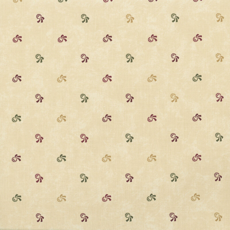 mottled cream fabric with red, green, and tan swirling motifs.