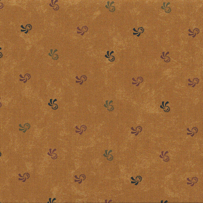 mottled dark gold fabric with red, green, and black swirling motifs.