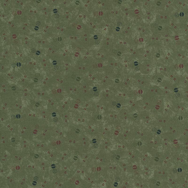 dark olive mottled fabric features circular berry-like motifs in burgundy, green, and navy