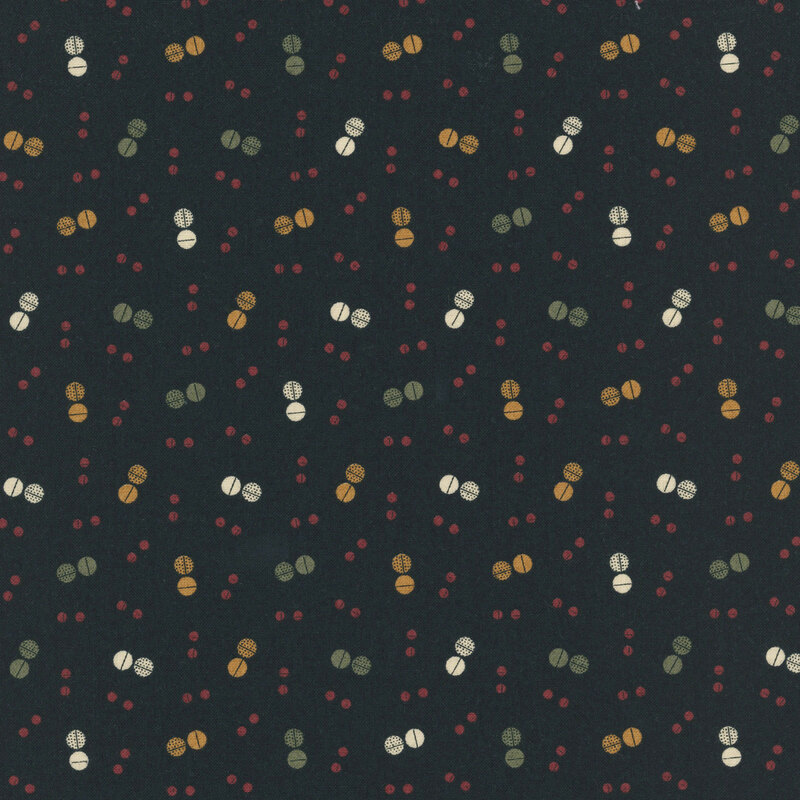 black mottled fabric features circular berry-like motifs in burgundy, green, ocher, and cream.