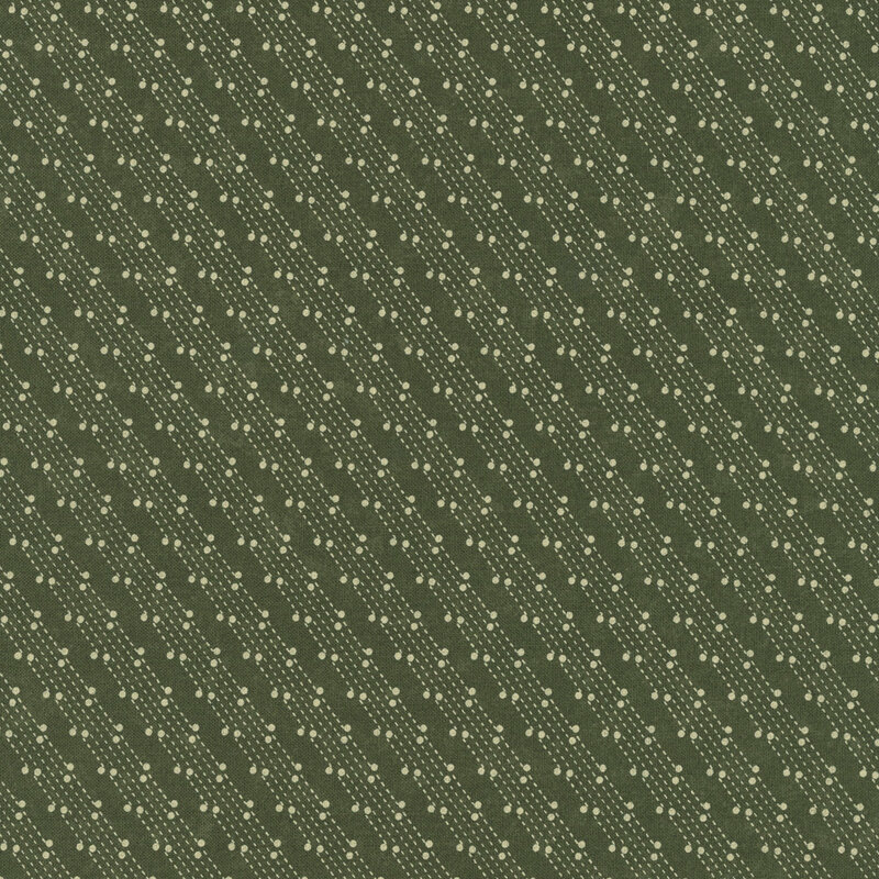 Mottled dark olive fabric featuring a stylized beaded-chain pattern in soft cream.