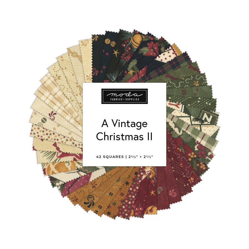 Circular collage of Christmas-themed fabrics from the A Vintage Christmas II Mini Charm Pack