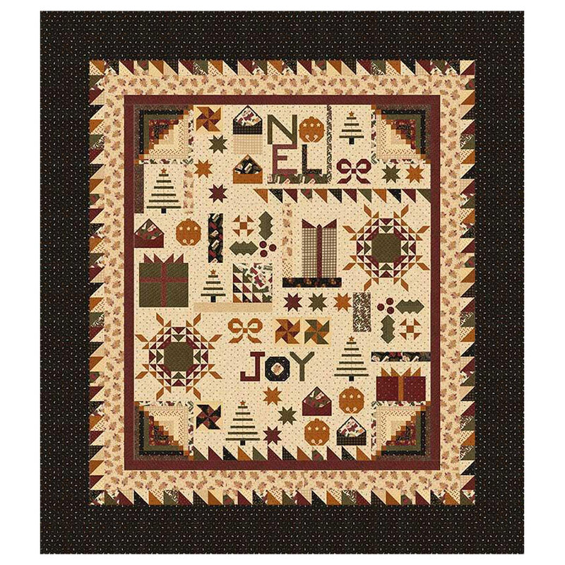 festive sampler quilt pattern featuring a charming mix of traditional blocks and holiday motifs, including wreaths, gifts, Christmas trees, ornaments, stars, bows, and the words “Noel” and “Joy,” framed by pieced borders in warm, vintage-inspired colors.