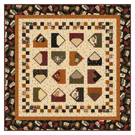 holiday quilt pattern featuring rows of pieced envelope blocks in rich, vintage-inspired colors, surrounded by a patchwork border and a festive outer border filled with Christmas mail motifs.