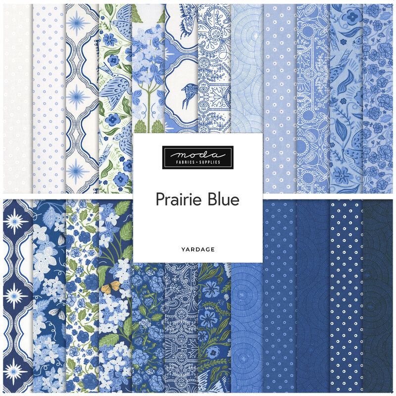 A collage of fabrics featured in the Prairie Blue Collection by Gingiber for Moda Fabrics
