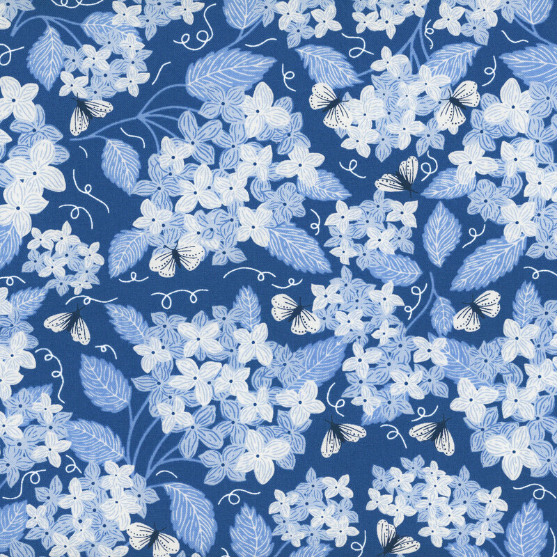 A blue fabric with light blue and powder blue flowers and butterflies.
