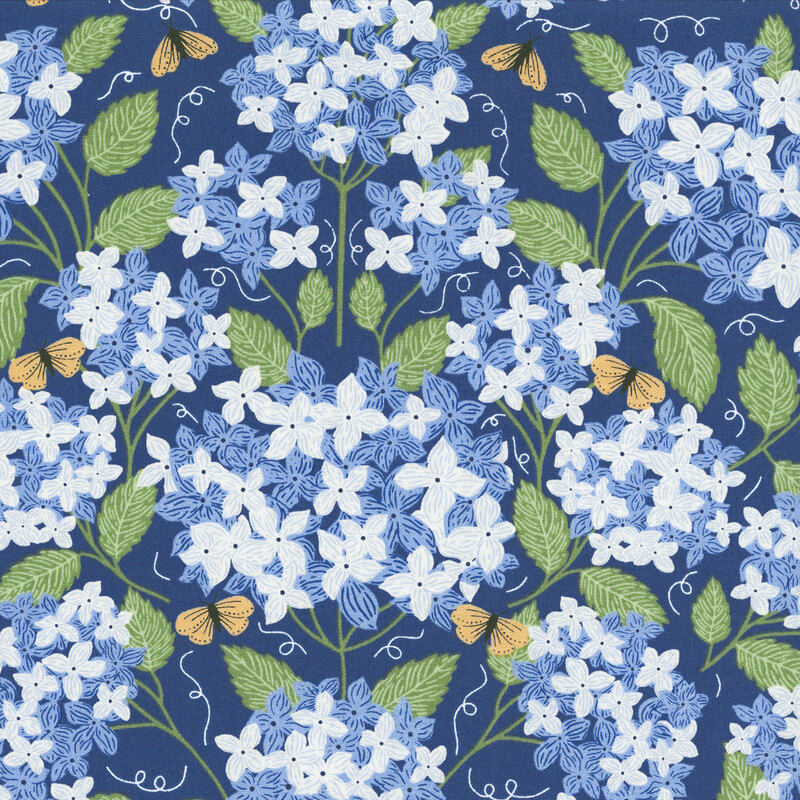 A dark blue fabric with blue flowers and yellow butterflies.