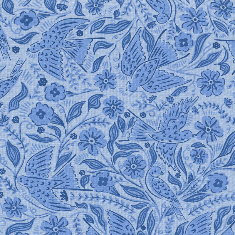 A light blue fabric with flying birds, leafy stems, and flowers.