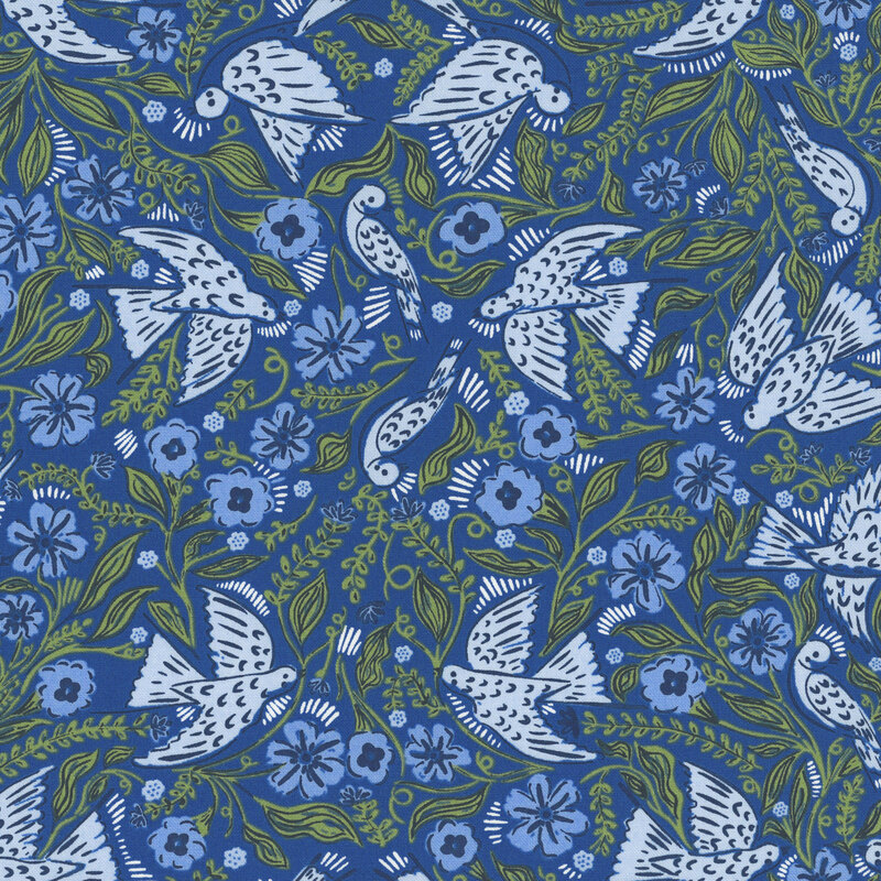 A deep blue fabric with light blue birds among leafy stems and blue flowers.