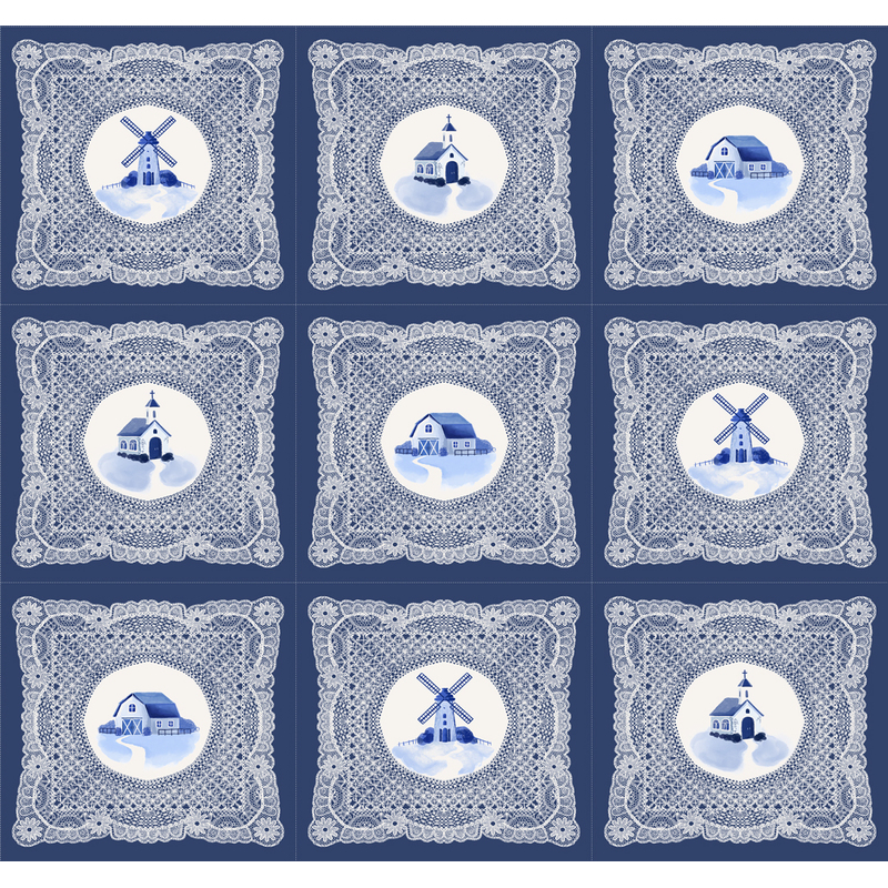 An indigo blue fabric with blue windmills, churches, and farmhouses inside intricate lace-inspired square frames arranged in a repeating grid.