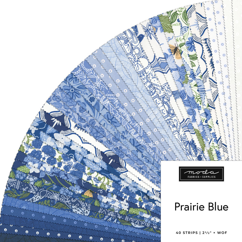 A collage of fabrics featured in the Prairie Blue Jelly Roll by Gingiber for Moda Fabrics
