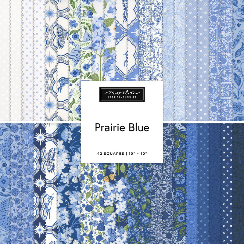 A collage of fabrics featured in the Prairie Blue Layer Cake by Gingiber for Moda Fabrics.