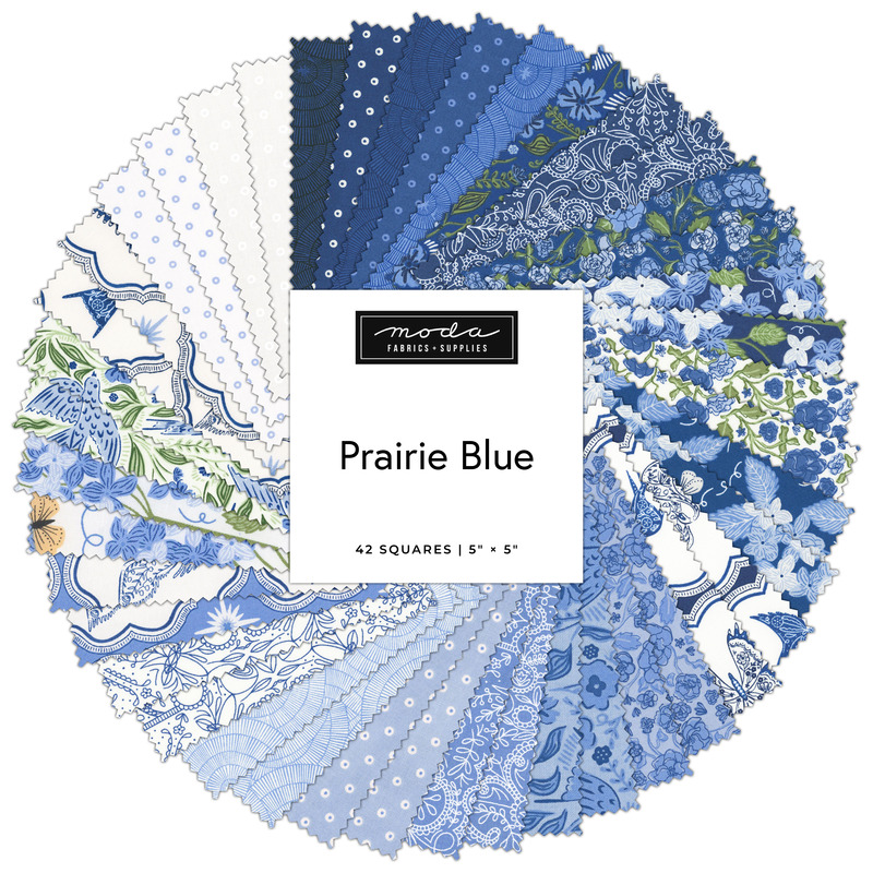 A collage of fabrics featured in the Prairie Blue Charm Pack by Gingiber for Moda Fabrics.