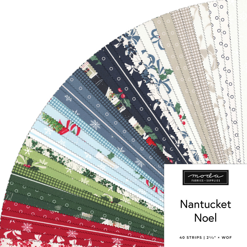 A collage of fabrics featured in the Nantucket Noel Jelly Roll by Camille Roskelley for Moda Fabrics.