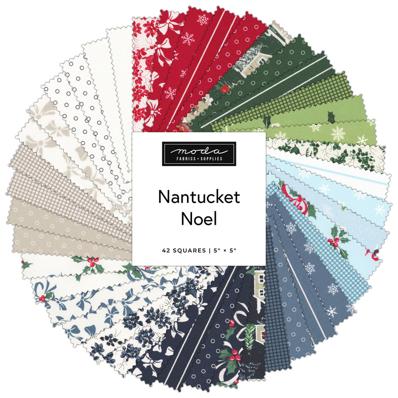 A collage of fabrics featured in the Nantucket Noel Charm Pack by Camille Roskelley for Moda Fabrics