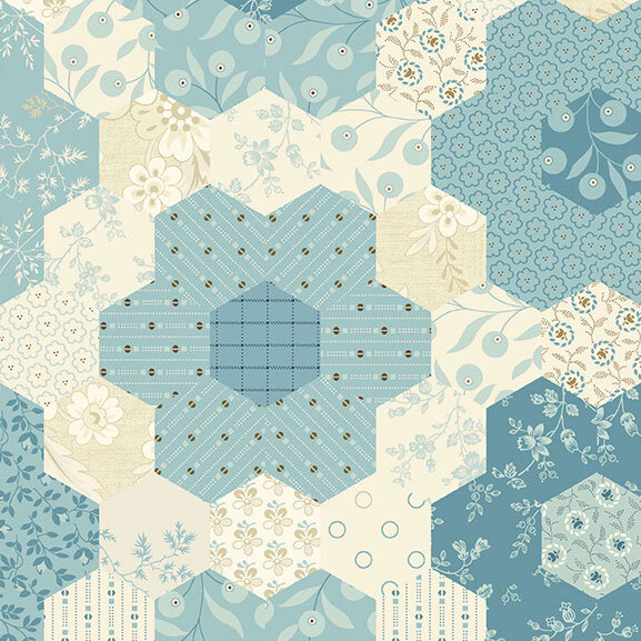 Cream cheater print with a hexagonal grid of floral patterns and patches of teal hexies.