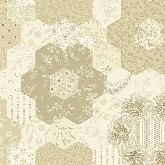 Cream cheater print with a hexagonal grid of floral patterns and patches of tan hexies.