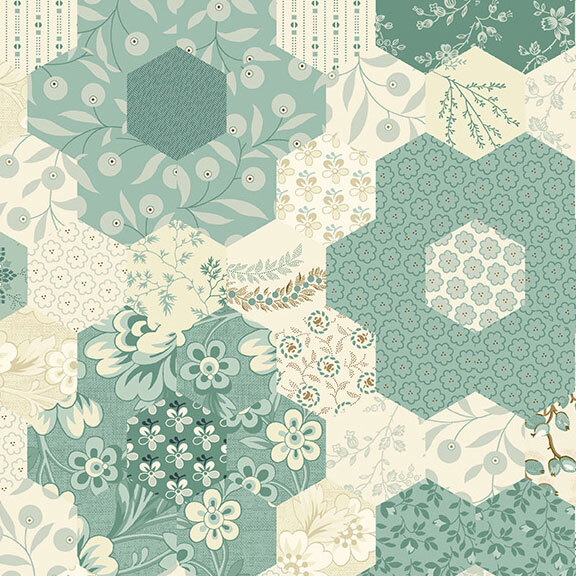 Cream cheater print with a hexagonal grid of floral patterns and patches of teal-green hexies.