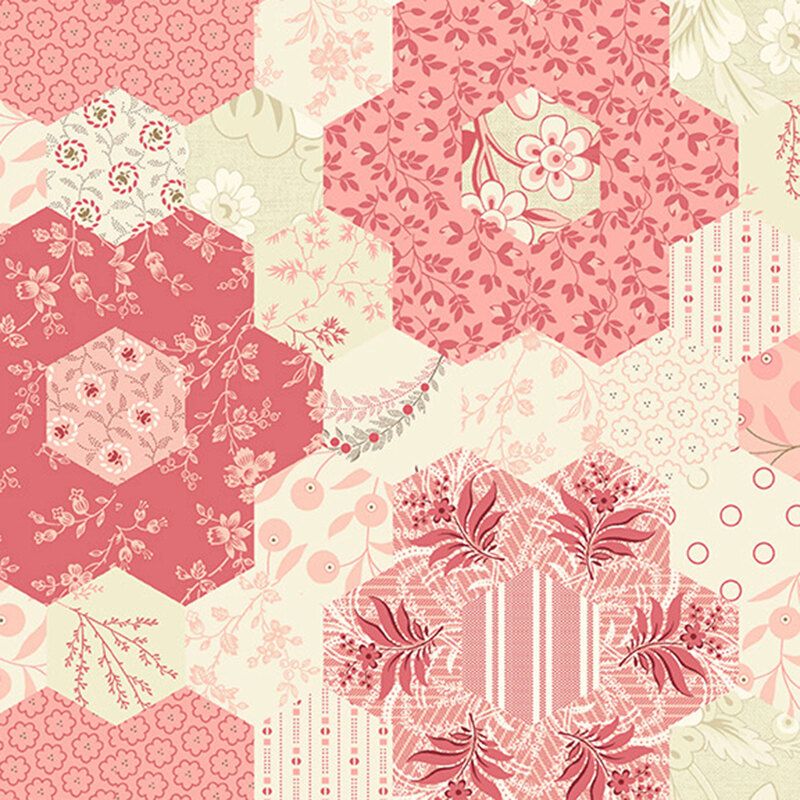 Cream cheater print with a hexagonal grid of floral patterns and patches of rich, pink hexies.