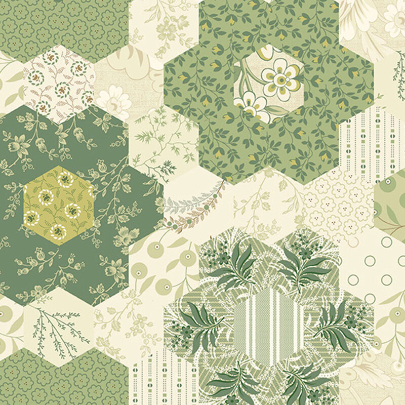Cream cheater print with a hexagonal grid of floral patterns and patches of thyme colored hexies.