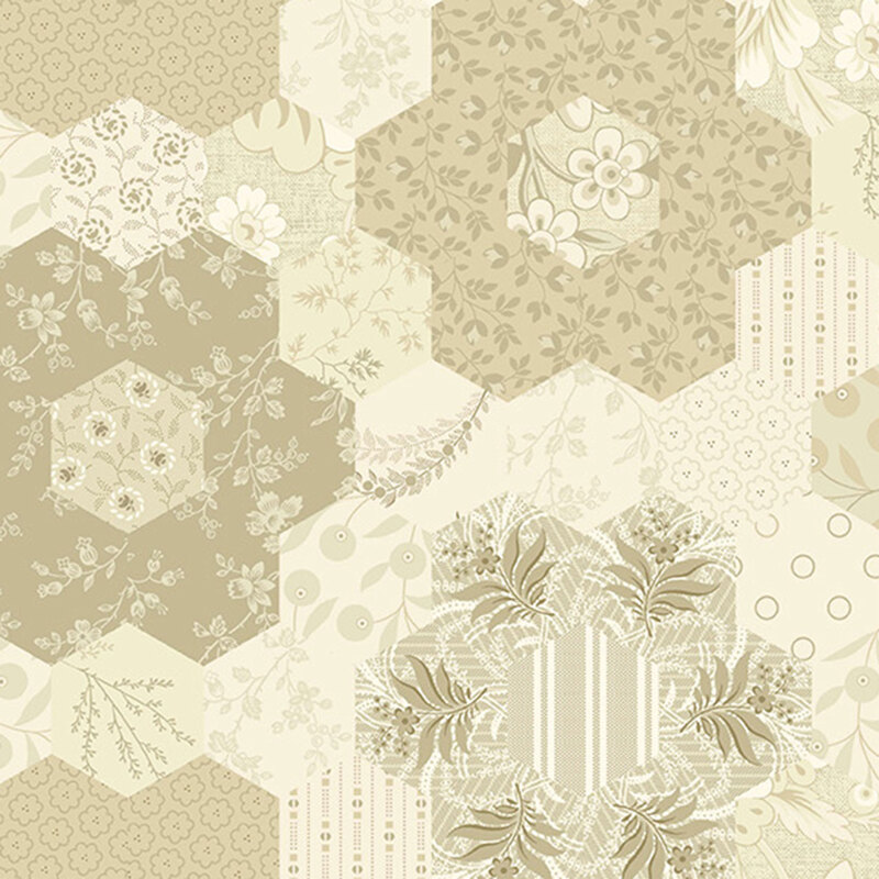 Cream cheater print with a hexagonal grid of floral patterns and patches of tan hexies.