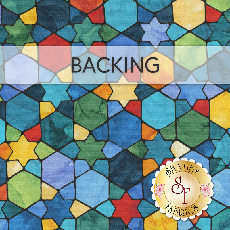 Fabric swatch of a colorful blue, green, yellow, and red geometric stained-glass pattern; a transparent banner at the top reads "Backing." 