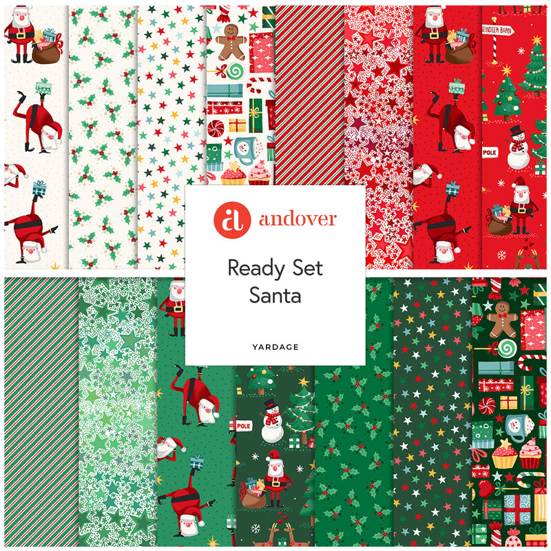 Digital collage of the available yardage fabrics from the Ready Set Santa fabric collection.