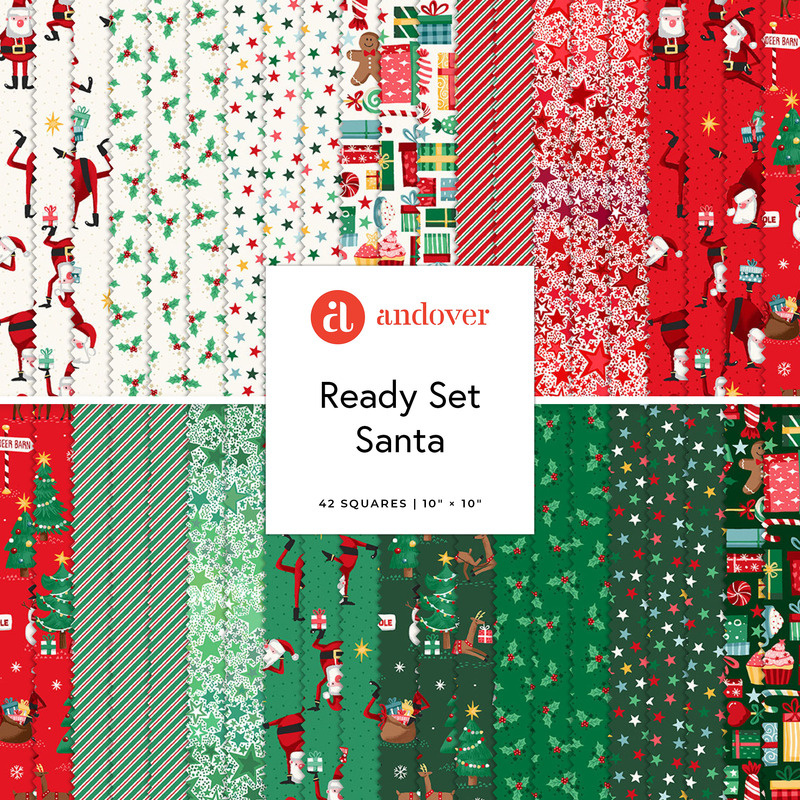 Digital collage of the 10" Squares Bundle from the Ready Set Santa fabric collection.