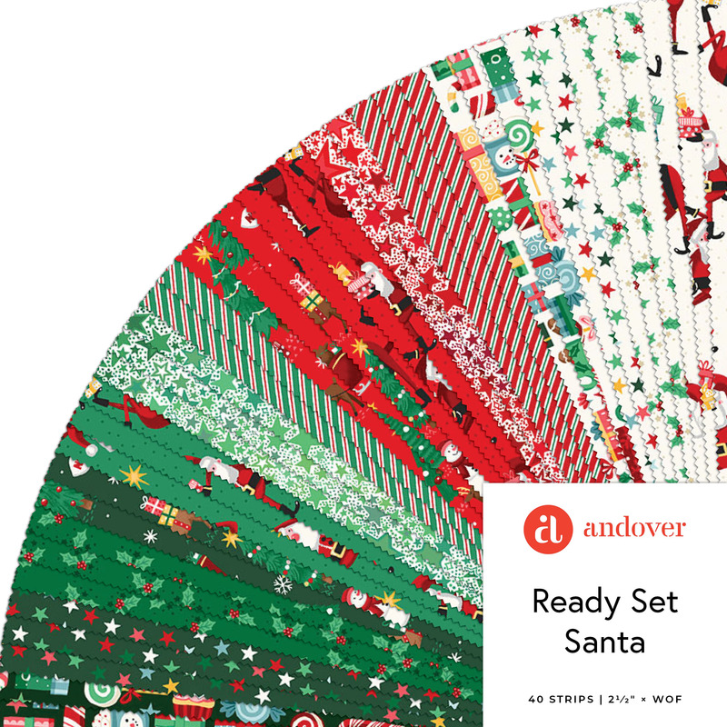 Digital fanned collage of the 2.5" Strip Roll Bundle from the Ready Set Santa fabric collection.