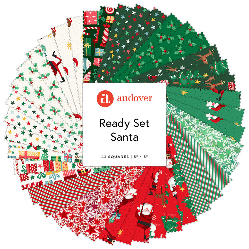 Digital collage of the 5" Squares Bundle from the Ready Set Santa fabric collection.