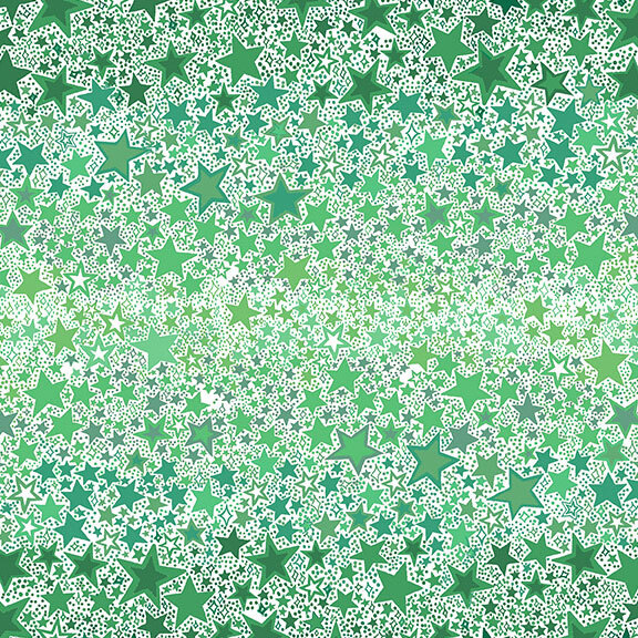 White fabric with a packed medley of Christmas and pine-green stars.