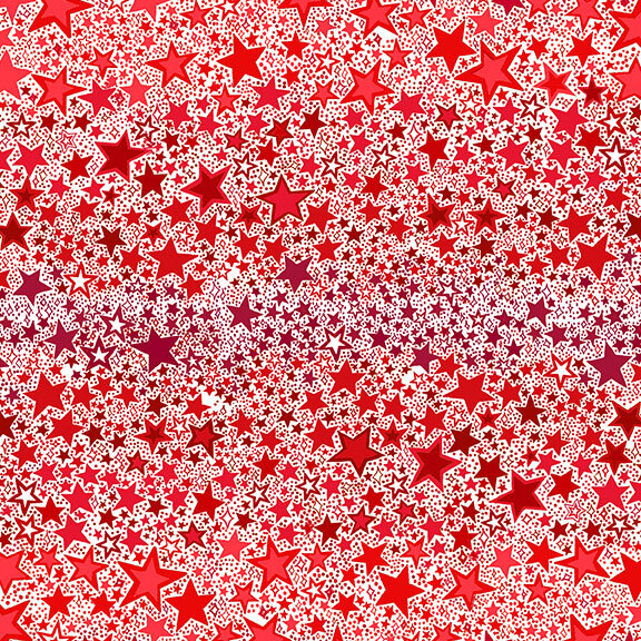 White fabric with a packed medley of cranberry and Christmas red stars.