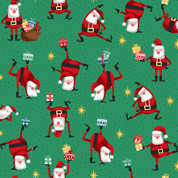 Christmas green fabric with a scattered design of tiny green dots and golden stars, topped with Santa figures in various dancing poses, holding Christmas gifts.