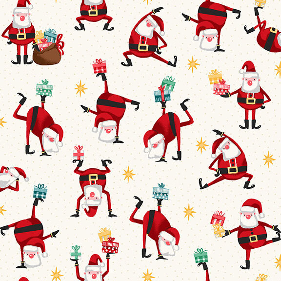 Cream fabric with a scattered design of tiny beige dots and golden stars, topped with Santa figures in various dancing poses, holding Christmas gifts.